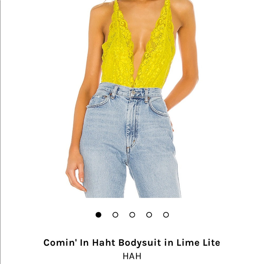 HOT AS HELL yellow lace bodysuit deep v